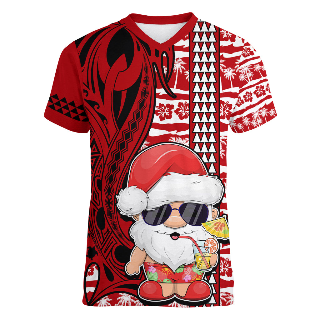 Custom Mele Kalikimaka Hawaii Christmas Women V Neck T Shirt Santa Claus Kakau Tribal Mix Polynesia Tattoo LT03 Female Red - Polynesian Pride