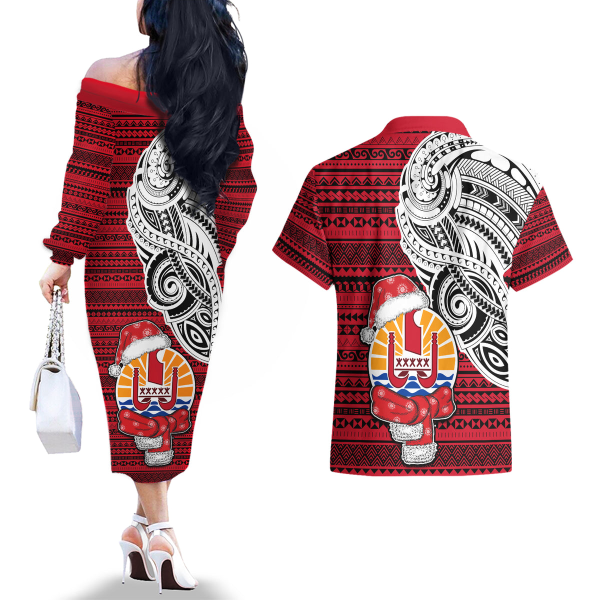 French Polynesia Christmas Couples Matching Off The Shoulder Long Sleeve Dress and Hawaiian Shirt Santa Hold Seal with Polynesian Tribal Tattoo LT03 - Polynesian Pride