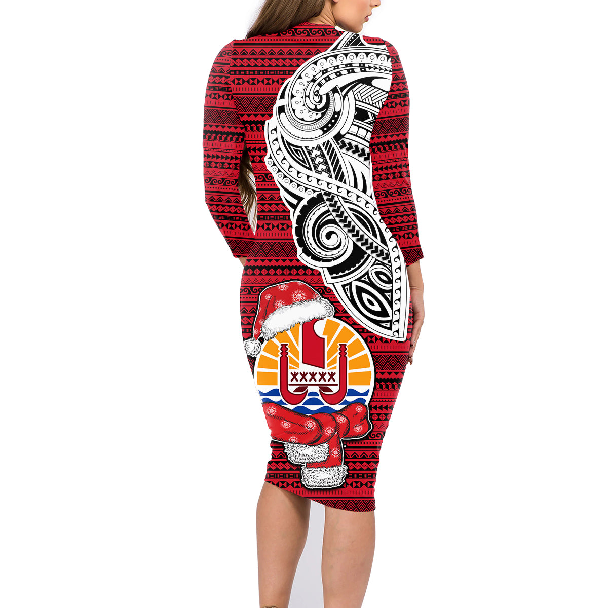 French Polynesia Christmas Family Matching Long Sleeve Bodycon Dress and Hawaiian Shirt Santa Hold Seal with Polynesian Tribal Tattoo LT03 - Polynesian Pride