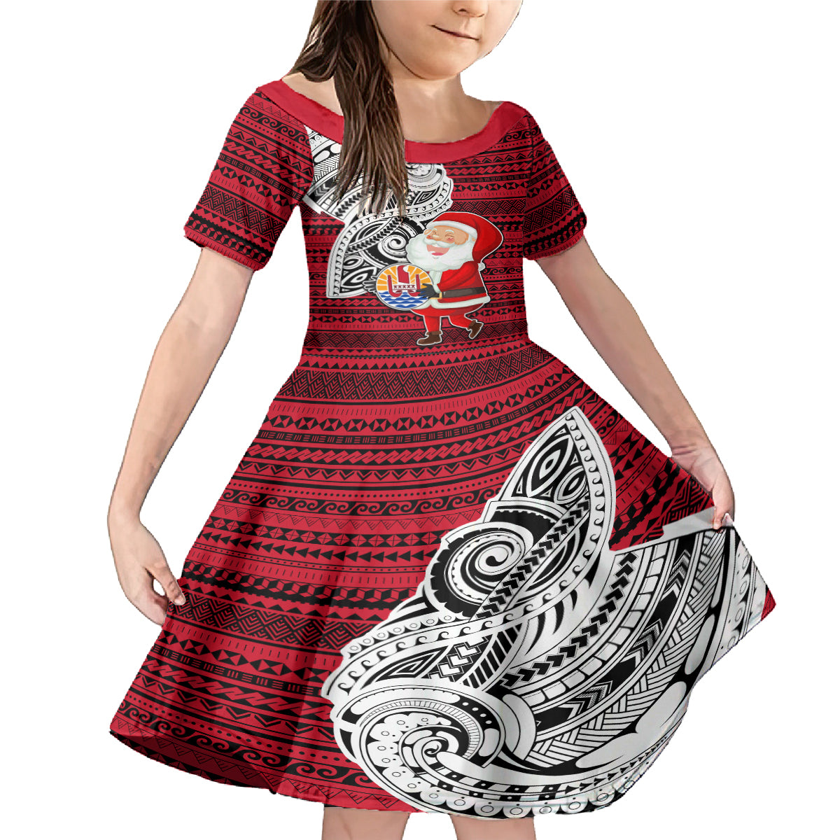 French Polynesia Christmas Family Matching Mermaid Dress and Hawaiian Shirt Santa Hold Seal with Polynesian Tribal Tattoo LT03 Daughter's Dress Red - Polynesian Pride