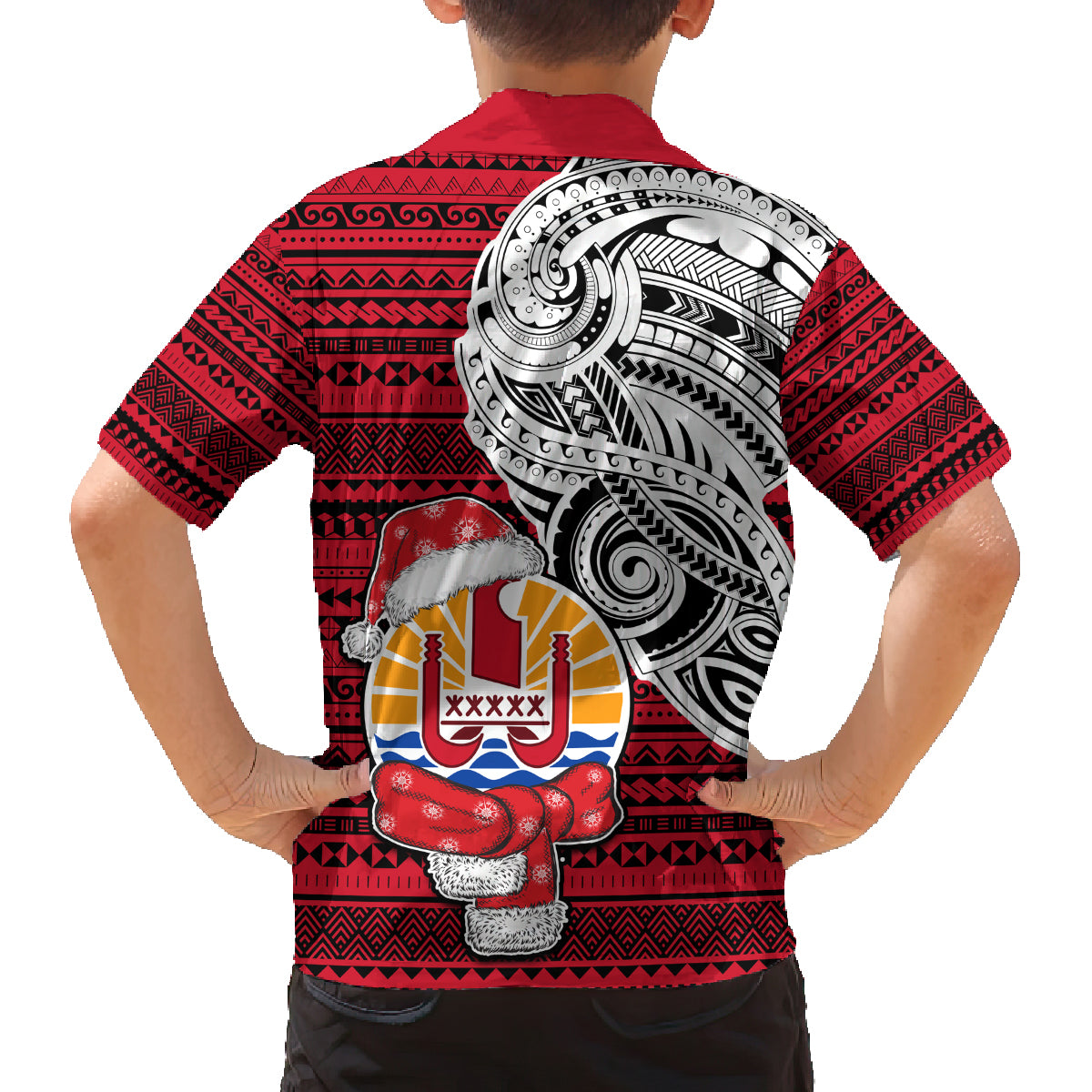 French Polynesia Christmas Family Matching Off Shoulder Long Sleeve Dress and Hawaiian Shirt Santa Hold Seal with Polynesian Tribal Tattoo LT03 - Polynesian Pride