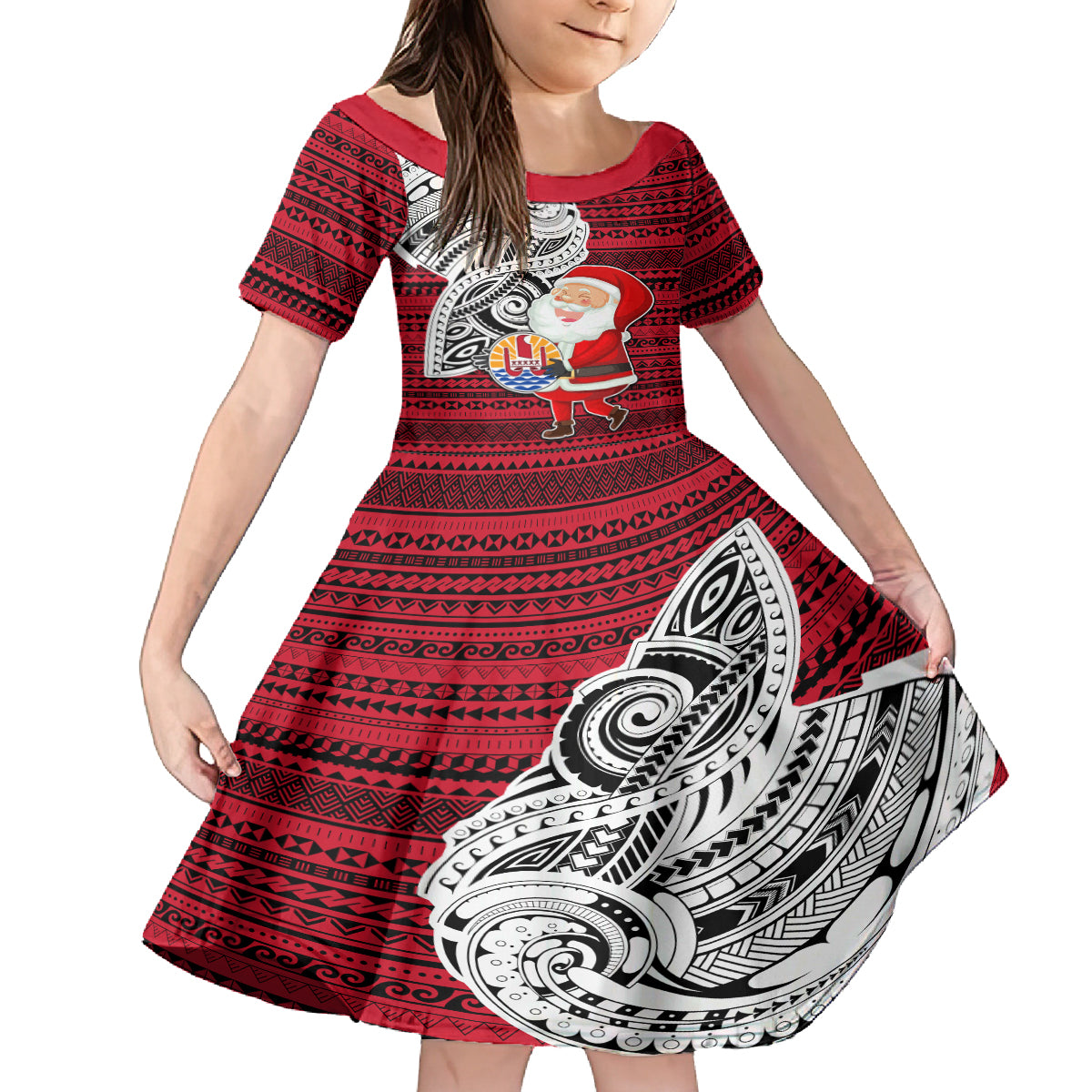 French Polynesia Christmas Family Matching Tank Maxi Dress and Hawaiian Shirt Santa Hold Seal with Polynesian Tribal Tattoo LT03 Daughter's Dress Red - Polynesian Pride