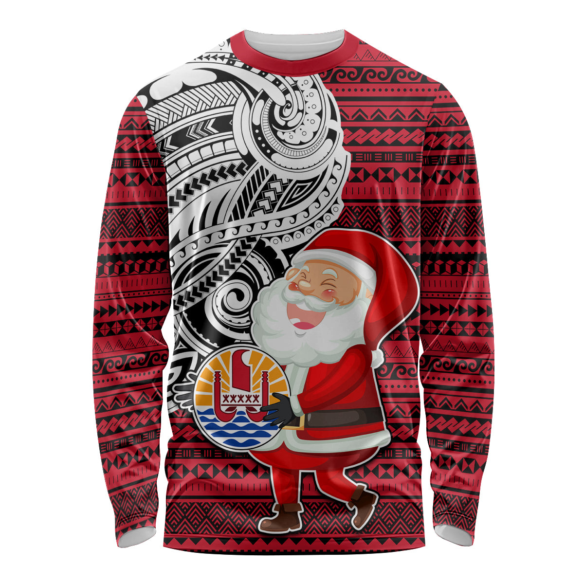 French Polynesia Christmas Long Sleeve Shirt Santa Hold Seal with Polynesian Tribal Tattoo LT03 Unisex Red - Polynesian Pride