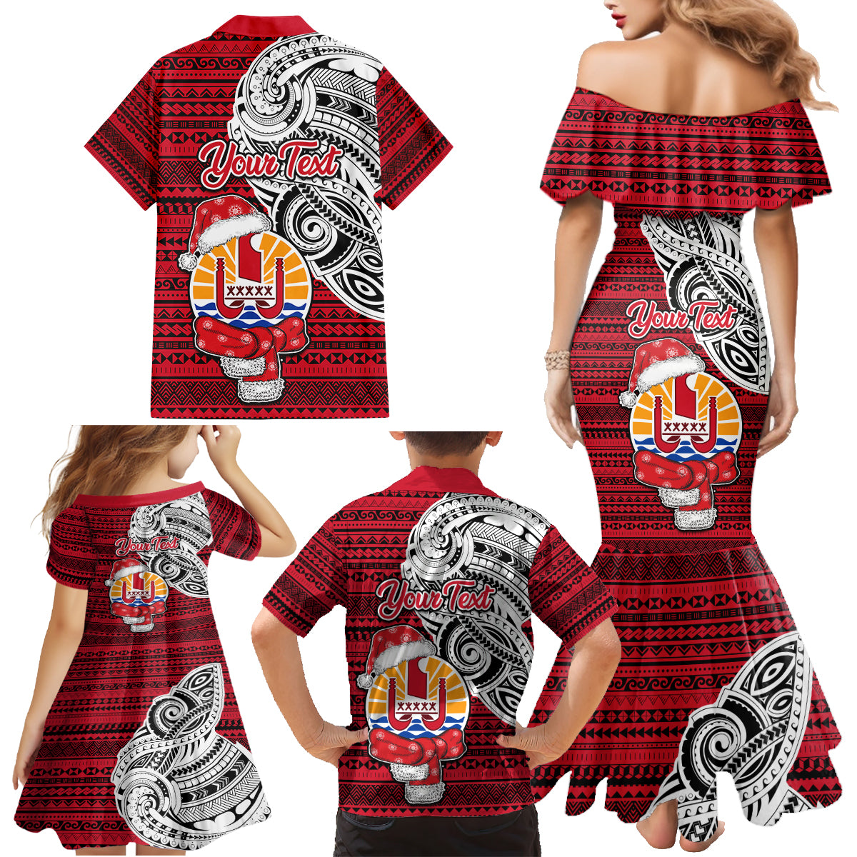 Custom French Polynesia Christmas Family Matching Mermaid Dress and Hawaiian Shirt Santa Hold Seal with Polynesian Tribal Tattoo LT03 - Polynesian Pride