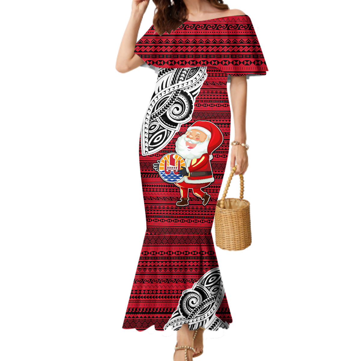 Custom French Polynesia Christmas Family Matching Mermaid Dress and Hawaiian Shirt Santa Hold Seal with Polynesian Tribal Tattoo LT03 Mom's Dress Red - Polynesian Pride