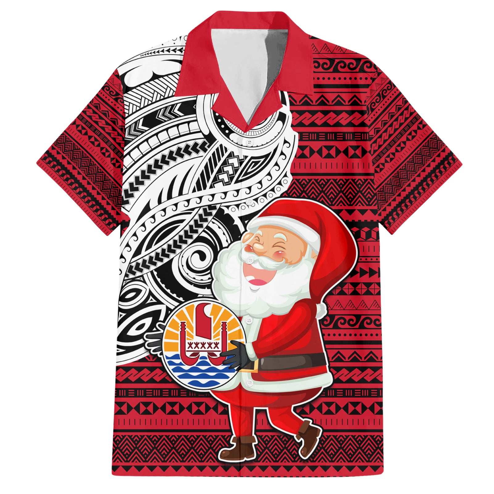 Custom French Polynesia Christmas Hawaiian Shirt Santa Hold Seal with Polynesian Tribal Tattoo LT03 Red - Polynesian Pride