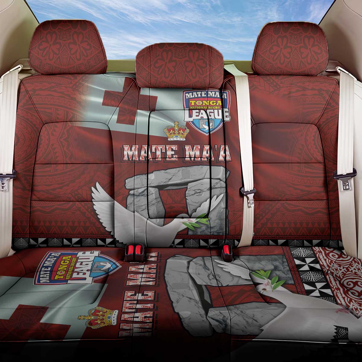 Mate Ma'a Tonga Back Car Seat Cover Haʻamonga ʻa Maui and White Dove - Tongan Kupesi Ngatu