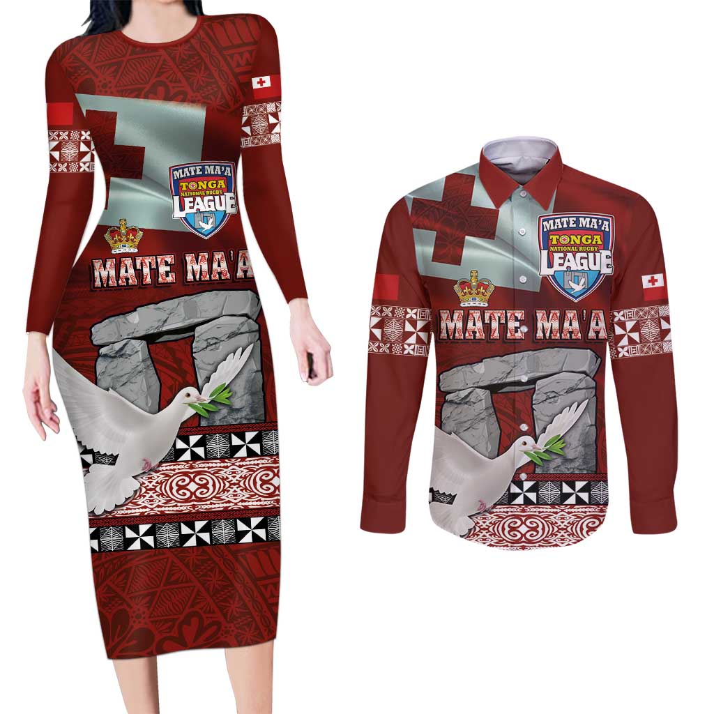 Mate Ma'a Tonga Couples Matching Long Sleeve Bodycon Dress and Long Sleeve Button Shirt Haamonga a Maui and White Dove - Tongan Kupesi Ngatu LT03 Red - Polynesian Pride