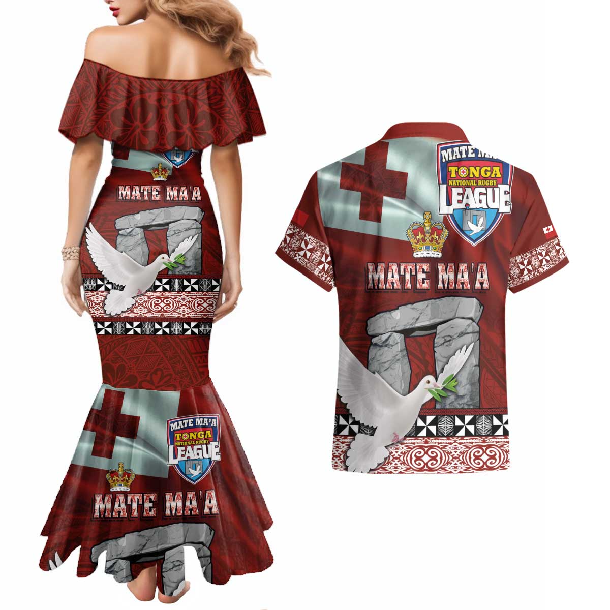 Mate Ma'a Tonga Couples Matching Mermaid Dress and Hawaiian Shirt Haamonga a Maui and White Dove - Tongan Kupesi Ngatu LT03 - Polynesian Pride