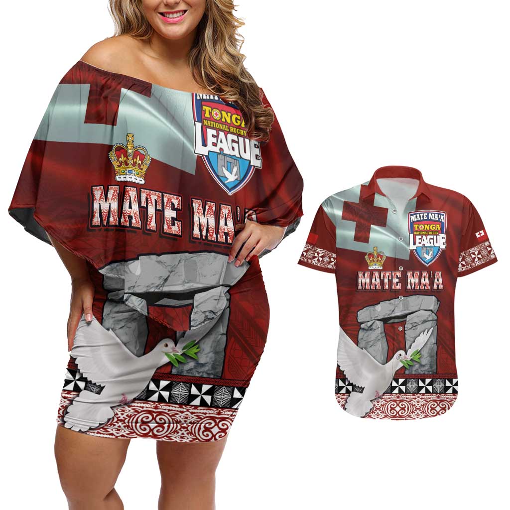 Mate Ma'a Tonga Couples Matching Off Shoulder Short Dress and Hawaiian Shirt Haʻamonga ʻa Maui and White Dove - Tongan Kupesi Ngatu