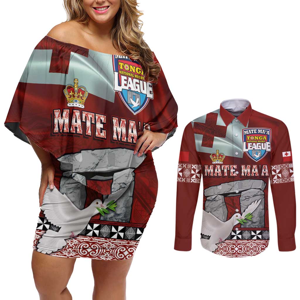 Mate Ma'a Tonga Couples Matching Off Shoulder Short Dress and Long Sleeve Button Shirt Haʻamonga ʻa Maui and White Dove - Tongan Kupesi Ngatu