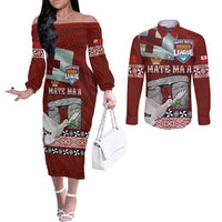 Mate Ma'a Tonga Couples Matching Off The Shoulder Long Sleeve Dress and Long Sleeve Button Shirt Haamonga a Maui and White Dove - Tongan Kupesi Ngatu LT03 Red - Polynesian Pride