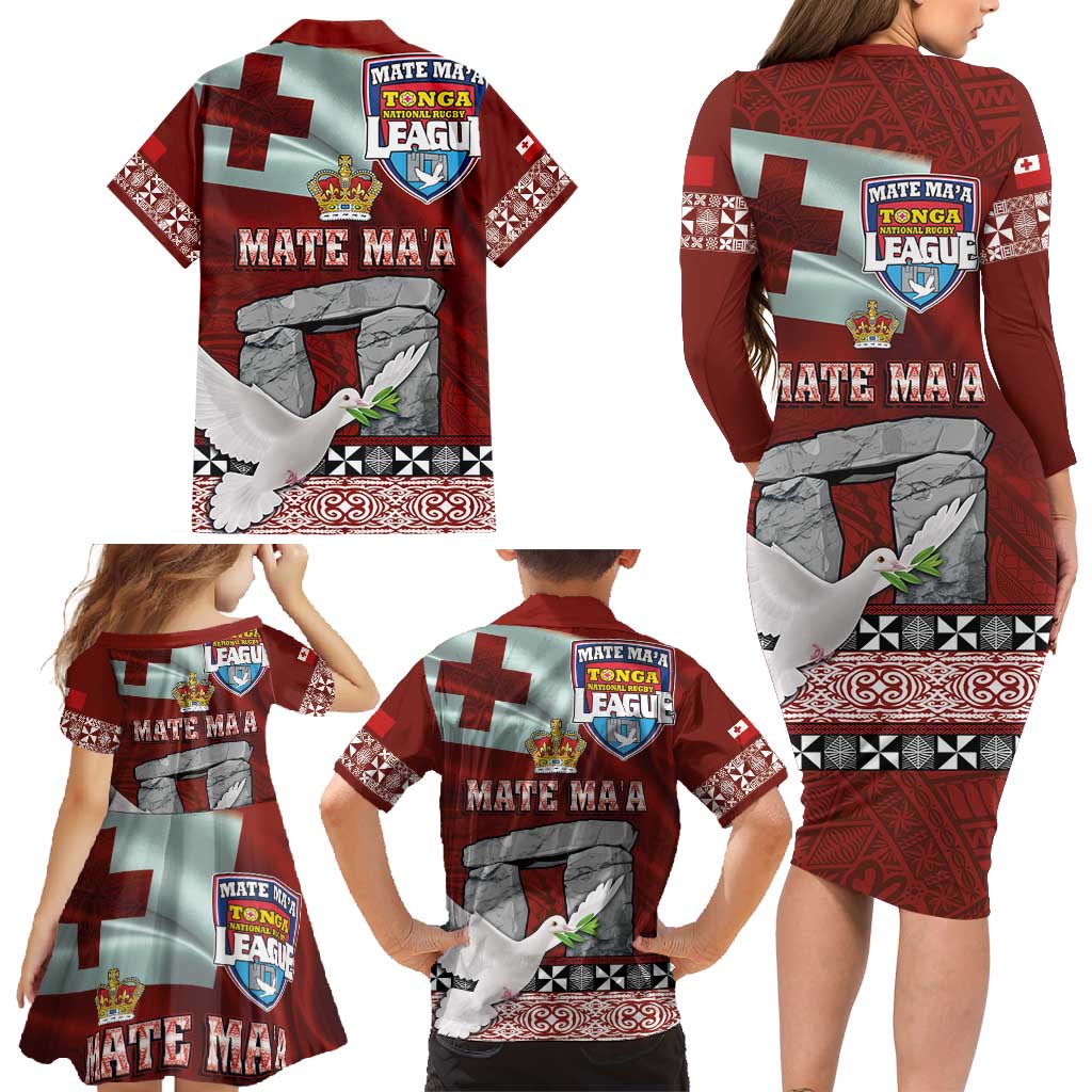 Mate Ma'a Tonga Family Matching Long Sleeve Bodycon Dress and Hawaiian Shirt Haamonga a Maui and White Dove - Tongan Kupesi Ngatu LT03 - Polynesian Pride