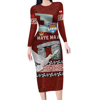 Mate Ma'a Tonga Family Matching Long Sleeve Bodycon Dress and Hawaiian Shirt Haamonga a Maui and White Dove - Tongan Kupesi Ngatu LT03 Mom's Dress Red - Polynesian Pride