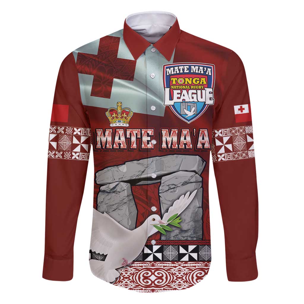 Mate Ma'a Tonga Family Matching Puletasi and Hawaiian Shirt Haamonga a Maui and White Dove - Tongan Kupesi Ngatu LT03 Dad's Shirt - Long Sleeve Red - Polynesian Pride