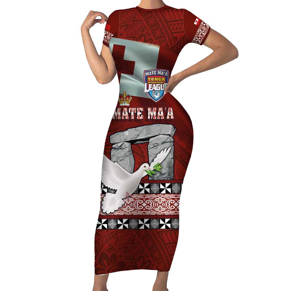 Mate Ma'a Tonga Family Matching Short Sleeve Bodycon Dress and Hawaiian Shirt Haamonga a Maui and White Dove - Tongan Kupesi Ngatu LT03 Mom's Dress Red - Polynesian Pride