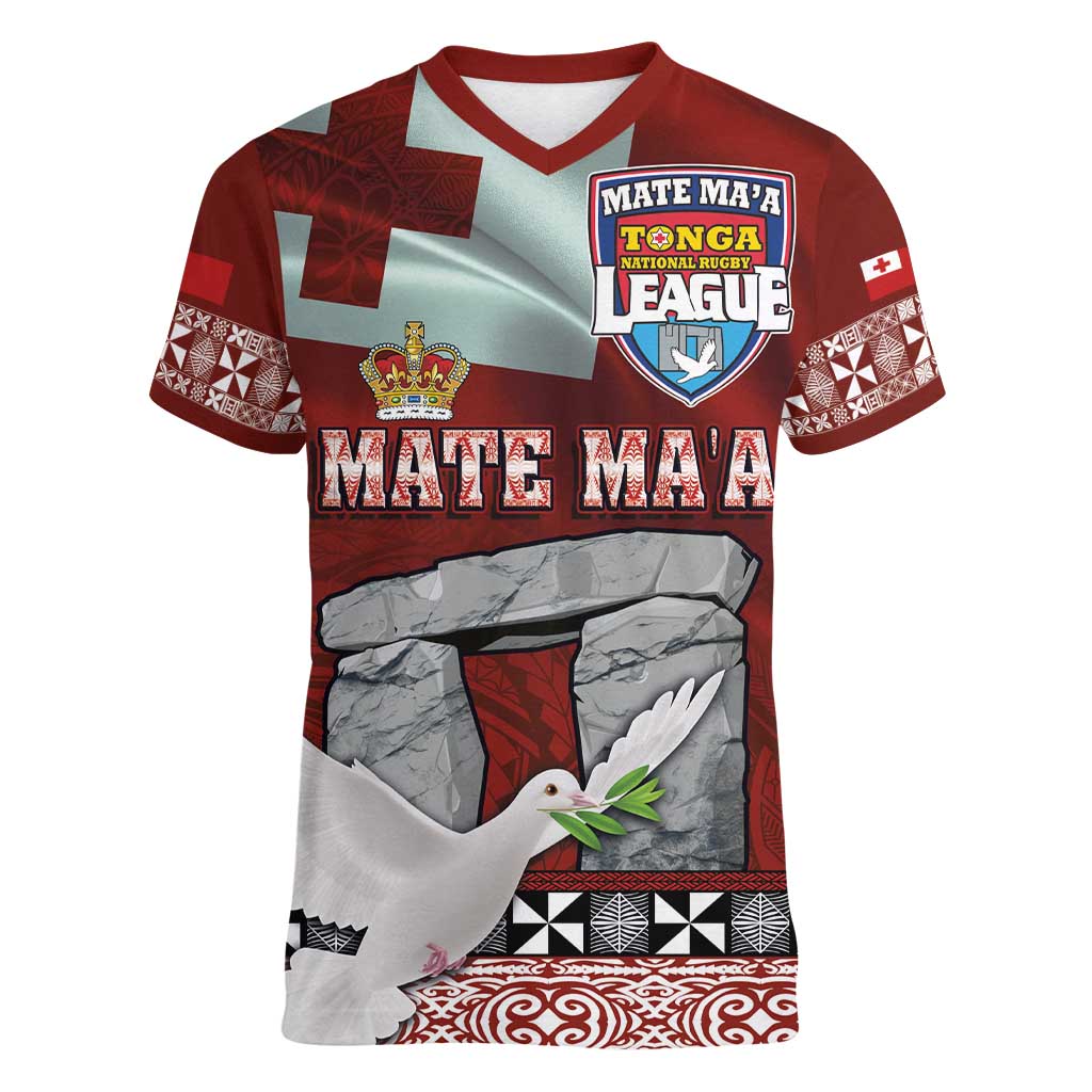 Mate Ma'a Tonga Women V-Neck T-Shirt Haamonga a Maui and White Dove - Tongan Kupesi Ngatu LT03 Female Red - Polynesian Pride