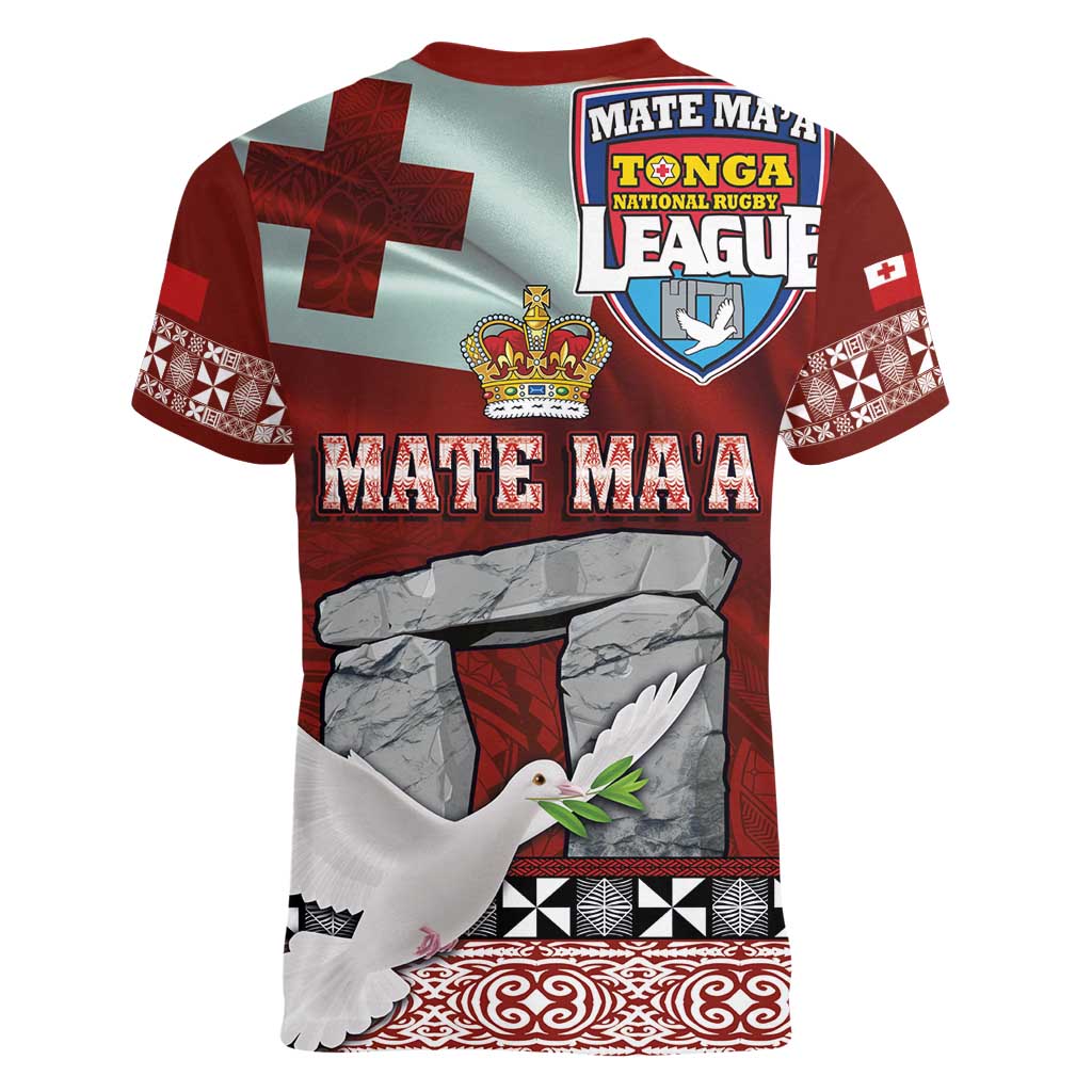 Mate Ma'a Tonga Women V-Neck T-Shirt Haamonga a Maui and White Dove - Tongan Kupesi Ngatu LT03 - Polynesian Pride