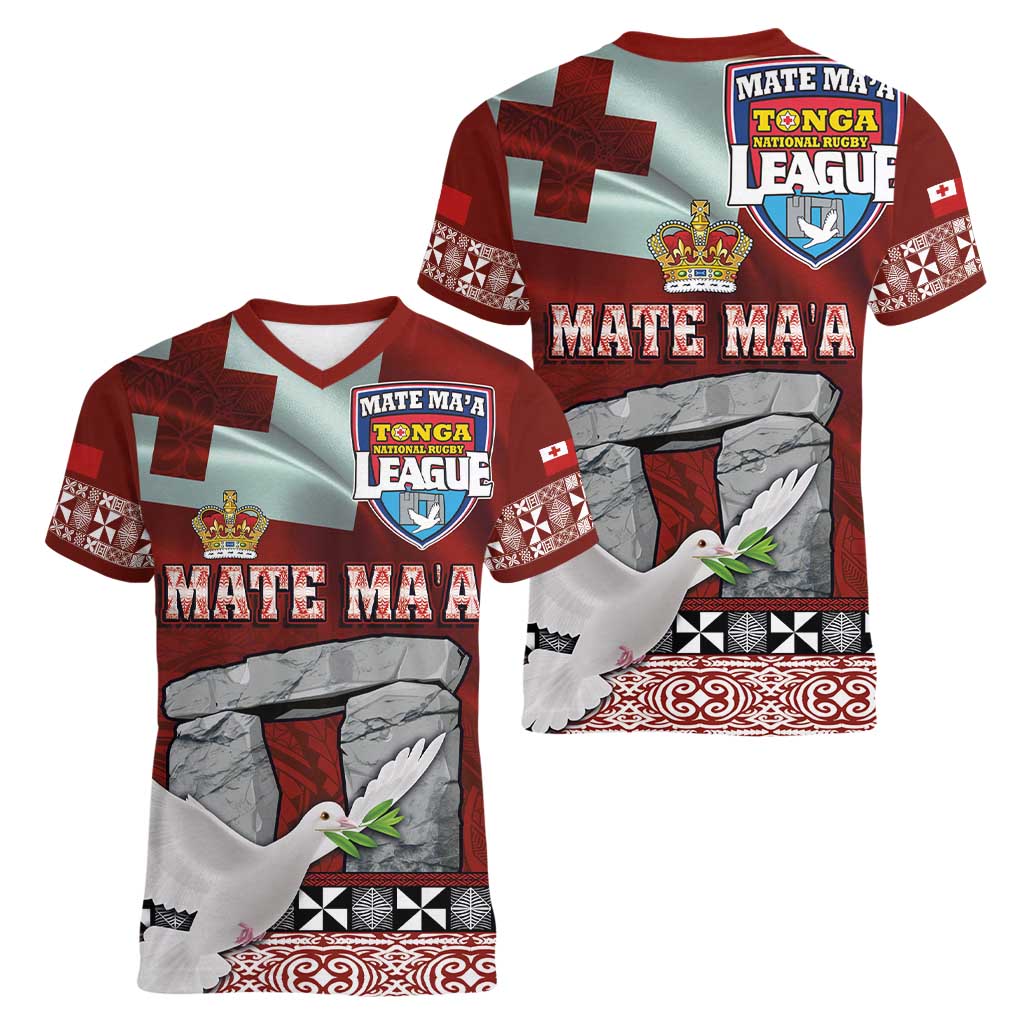 Mate Ma'a Tonga Women V-Neck T-Shirt Haamonga a Maui and White Dove - Tongan Kupesi Ngatu LT03 - Polynesian Pride