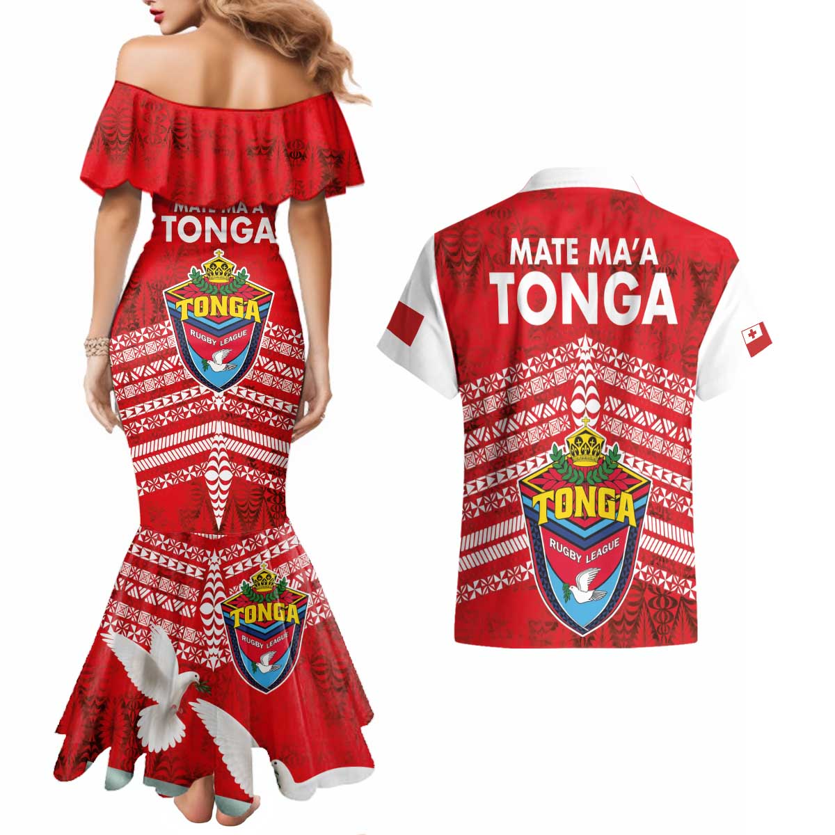 Mate Ma'a Tonga Couples Matching Mermaid Dress and Hawaiian Shirt Double White Dove and Kupesi Ngatu Art Tattoo LT03 - Polynesian Pride