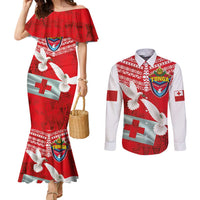 Mate Ma'a Tonga Couples Matching Mermaid Dress and Long Sleeve Button Shirt Double White Dove and Kupesi Ngatu Art Tattoo LT03 Red - Polynesian Pride