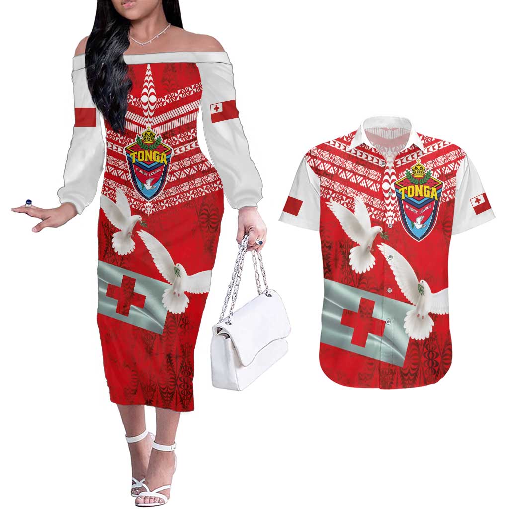 Mate Ma'a Tonga Couples Matching Off The Shoulder Long Sleeve Dress and Hawaiian Shirt Double White Dove and Kupesi Ngatu Art Tattoo LT03 Red - Polynesian Pride
