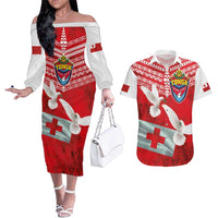 Mate Ma'a Tonga Couples Matching Off The Shoulder Long Sleeve Dress and Hawaiian Shirt Double White Dove and Kupesi Ngatu Art Tattoo LT03 Red - Polynesian Pride
