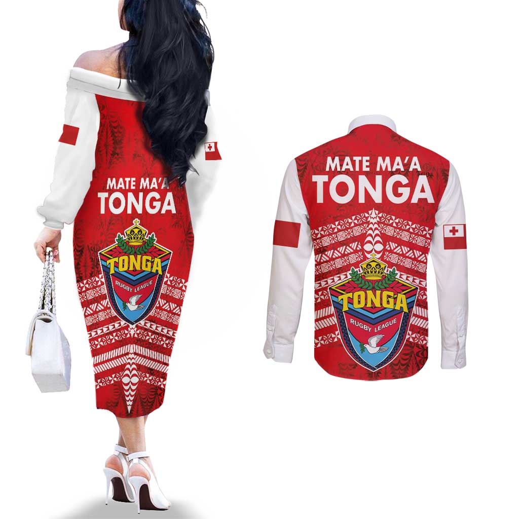 Mate Ma'a Tonga Couples Matching Off The Shoulder Long Sleeve Dress and Long Sleeve Button Shirt Double White Dove and Kupesi Ngatu Art Tattoo LT03 - Polynesian Pride