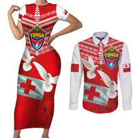 Mate Ma'a Tonga Couples Matching Short Sleeve Bodycon Dress and Long Sleeve Button Shirt Double White Dove and Kupesi Ngatu Art Tattoo LT03 Red - Polynesian Pride