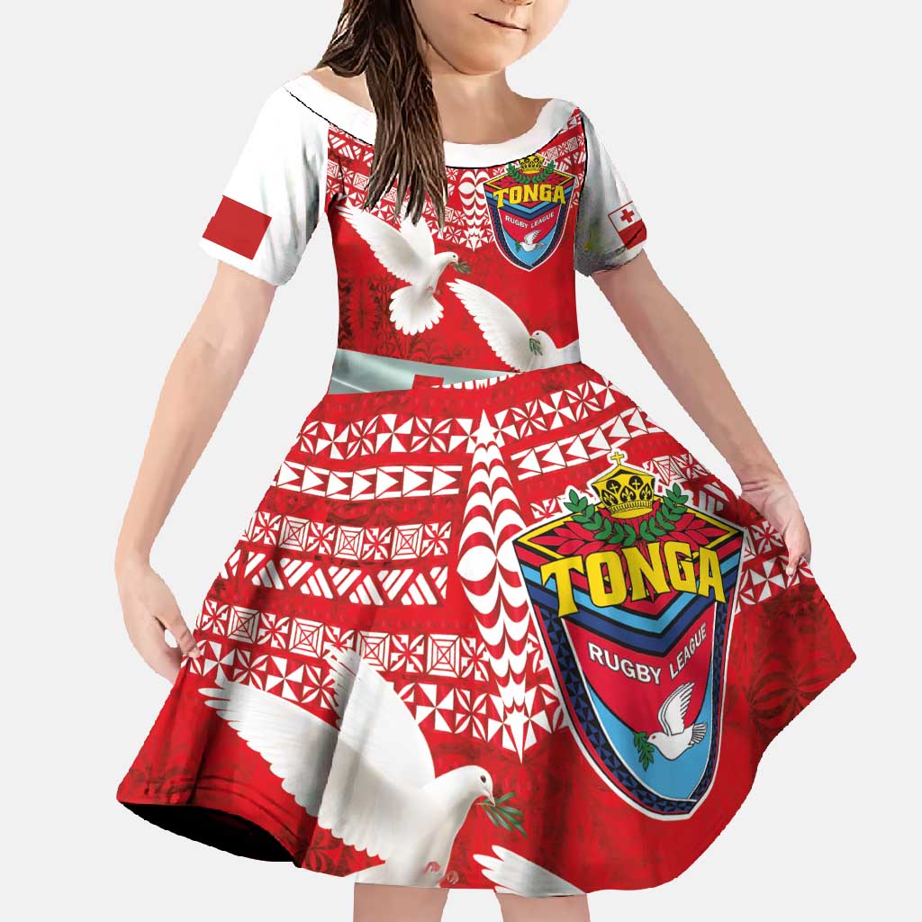 Mate Ma'a Tonga Family Matching Long Sleeve Bodycon Dress and Hawaiian Shirt Double White Dove and Kupesi Ngatu Art Tattoo LT03 Daughter's Dress Red - Polynesian Pride