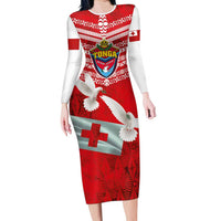 Mate Ma'a Tonga Family Matching Long Sleeve Bodycon Dress and Hawaiian Shirt Double White Dove and Kupesi Ngatu Art Tattoo LT03 Mom's Dress Red - Polynesian Pride