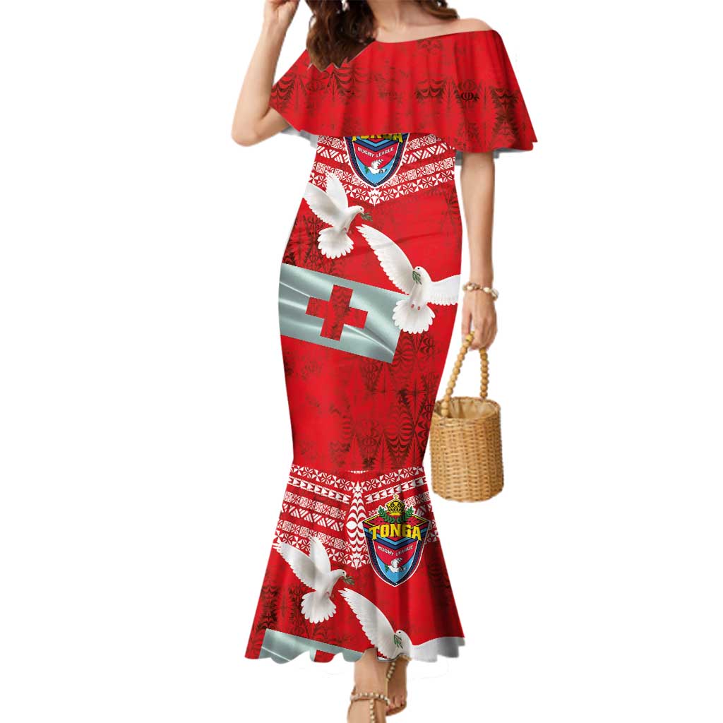 Mate Ma'a Tonga Family Matching Mermaid Dress and Hawaiian Shirt Double White Dove and Kupesi Ngatu Art Tattoo LT03 Mom's Dress Red - Polynesian Pride