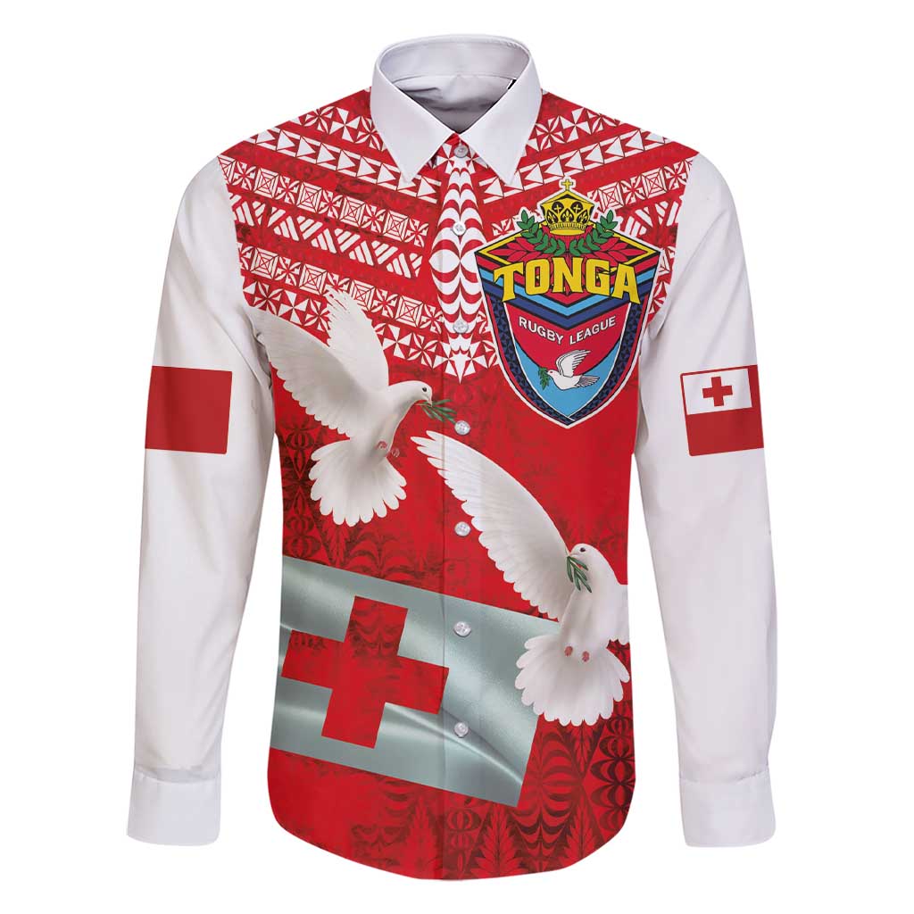 Mate Ma'a Tonga Family Matching Short Sleeve Bodycon Dress and Hawaiian Shirt Double White Dove and Kupesi Ngatu Art Tattoo LT03 Dad's Shirt - Long Sleeve Red - Polynesian Pride