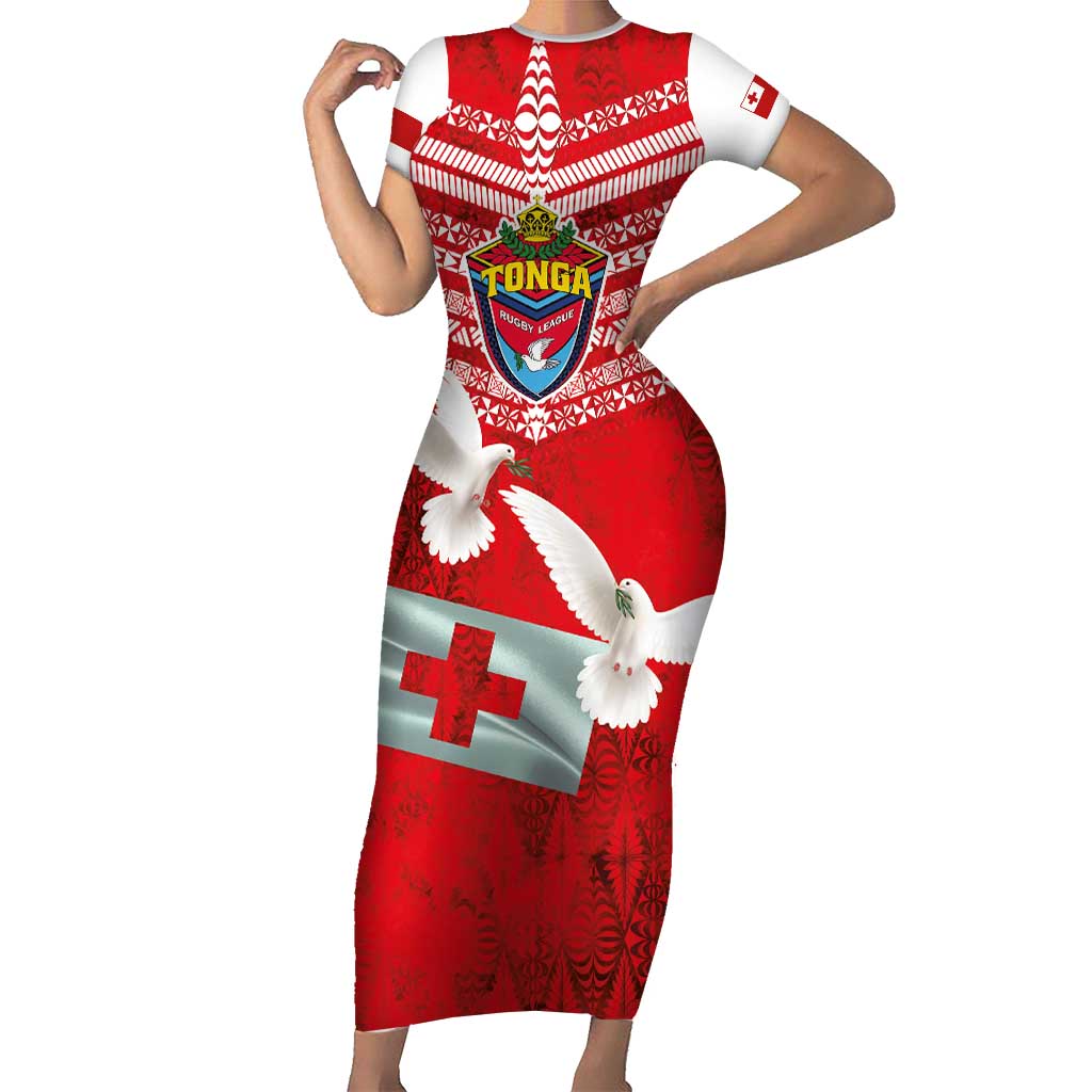Mate Ma'a Tonga Family Matching Short Sleeve Bodycon Dress and Hawaiian Shirt Double White Dove and Kupesi Ngatu Art Tattoo LT03 Mom's Dress Red - Polynesian Pride