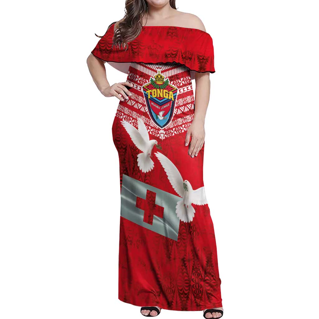 Mate Ma'a Tonga Off Shoulder Maxi Dress Douple White Dove and Kupesi Ngatu Art Tattoo