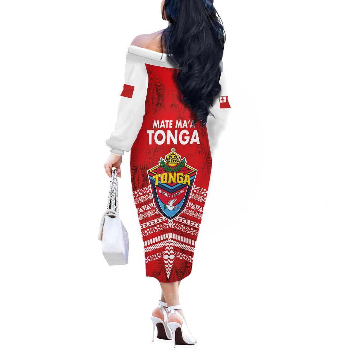 Mate Ma'a Tonga Off The Shoulder Long Sleeve Dress Douple White Dove and Kupesi Ngatu Art Tattoo