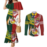 Custom Mate Ma'a Tonga and Australia Kangaroo Couples Matching Mermaid Dress and Long Sleeve Button Shirt Nation Seal with Mascot Aboriginal and Tongan Kupesi Ngatu Art LT03 Red - Polynesian Pride