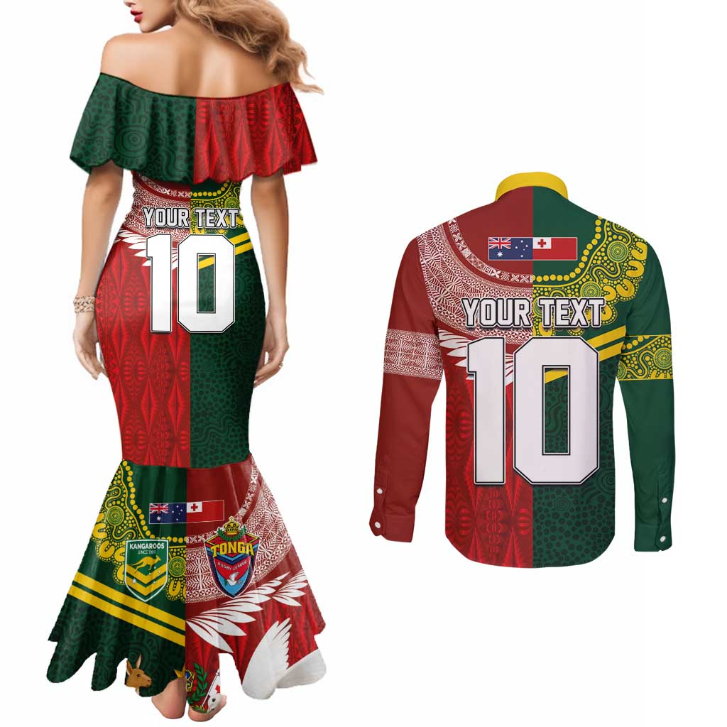 Custom Mate Ma'a Tonga and Australia Kangaroo Couples Matching Mermaid Dress and Long Sleeve Button Shirt Nation Seal with Mascot Aboriginal and Tongan Kupesi Ngatu Art LT03 - Polynesian Pride