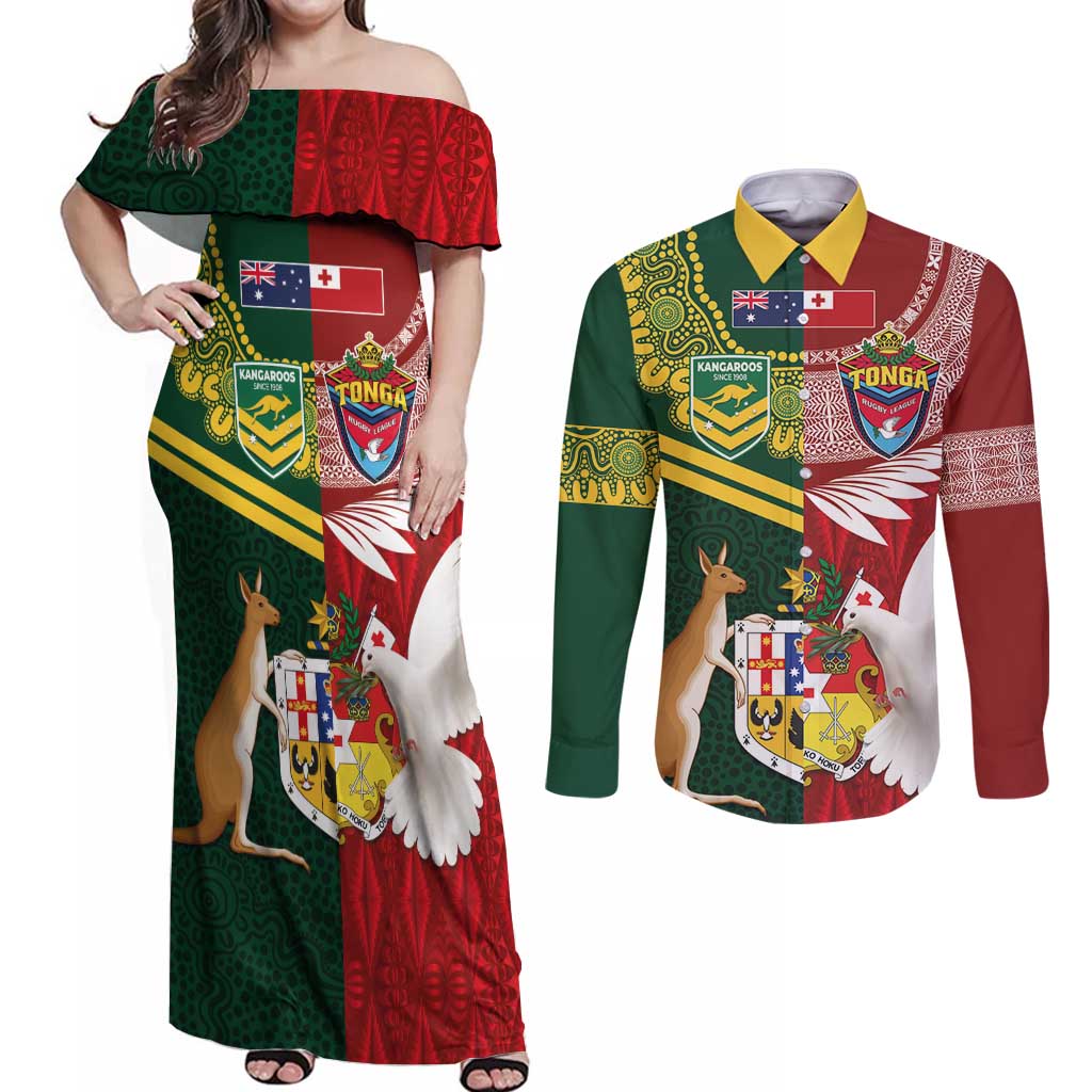 Custom Mate Ma'a Tonga and Australia Kangaroo Couples Matching Off Shoulder Maxi Dress and Long Sleeve Button Shirt Nation Seal with Mascot Aboriginal and Tongan Kupesi Ngatu Art LT03 Red - Polynesian Pride