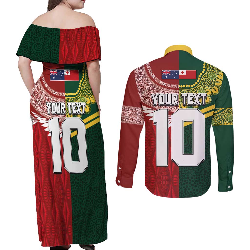 Custom Mate Ma'a Tonga and Australia Kangaroo Couples Matching Off Shoulder Maxi Dress and Long Sleeve Button Shirt Nation Seal with Mascot Aboriginal and Tongan Kupesi Ngatu Art LT03 - Polynesian Pride