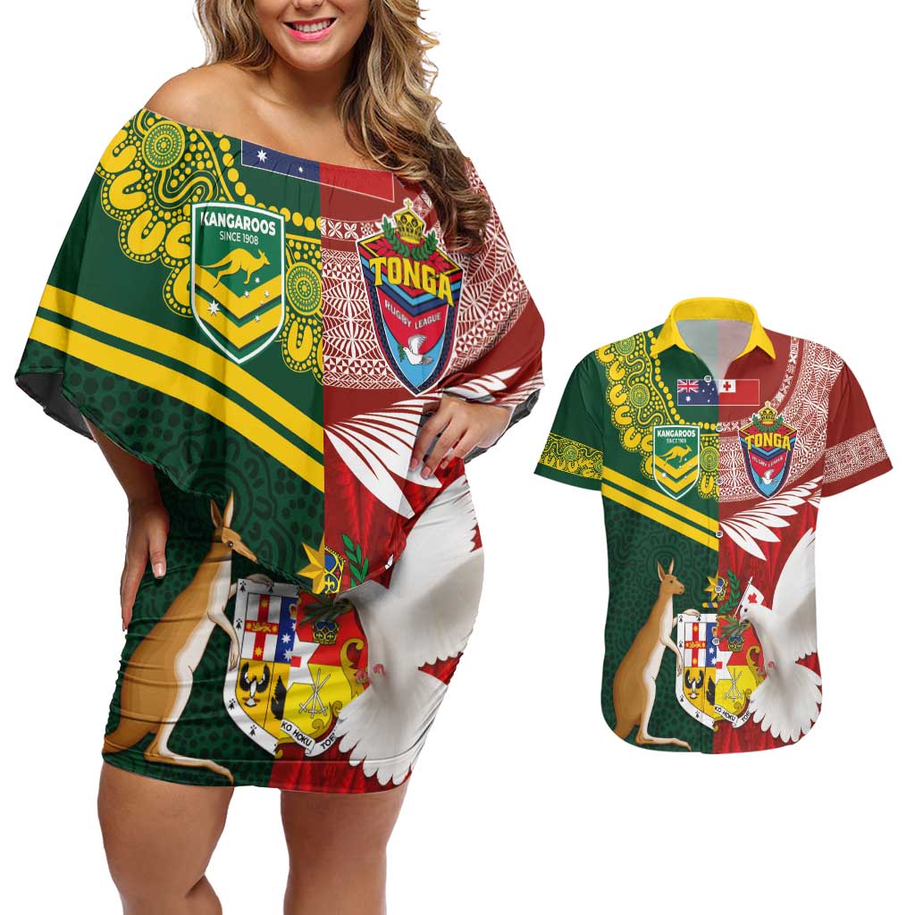 Custom Mate Ma'a Tonga and Australia Kangaroo Couples Matching Off Shoulder Short Dress and Hawaiian Shirt Nation Seal with Mascot Aboriginal and Tongan Kupesi Ngatu Art