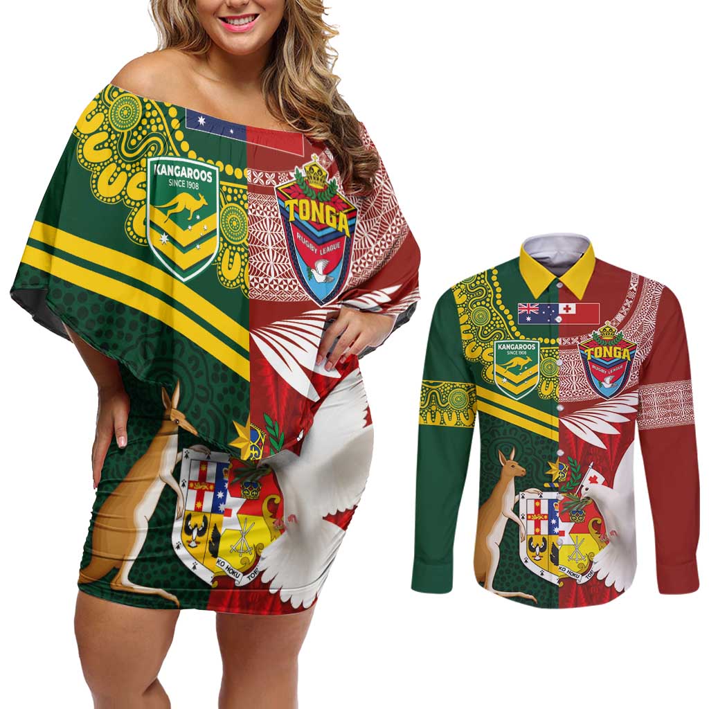 Custom Mate Ma'a Tonga and Australia Kangaroo Couples Matching Off Shoulder Short Dress and Long Sleeve Button Shirt Nation Seal with Mascot Aboriginal and Tongan Kupesi Ngatu Art LT03 Red - Polynesian Pride