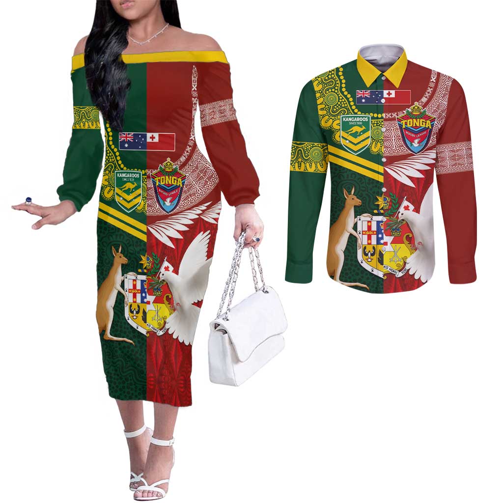 Custom Mate Ma'a Tonga and Australia Kangaroo Couples Matching Off The Shoulder Long Sleeve Dress and Long Sleeve Button Shirt Nation Seal with Mascot Aboriginal and Tongan Kupesi Ngatu Art LT03 Red - Polynesian Pride