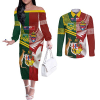 Custom Mate Ma'a Tonga and Australia Kangaroo Couples Matching Off The Shoulder Long Sleeve Dress and Long Sleeve Button Shirt Nation Seal with Mascot Aboriginal and Tongan Kupesi Ngatu Art LT03 Red - Polynesian Pride