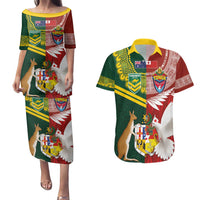 Custom Mate Ma'a Tonga and Australia Kangaroo Couples Matching Puletasi and Hawaiian Shirt Nation Seal with Mascot Aboriginal and Tongan Kupesi Ngatu Art LT03 Red - Polynesian Pride