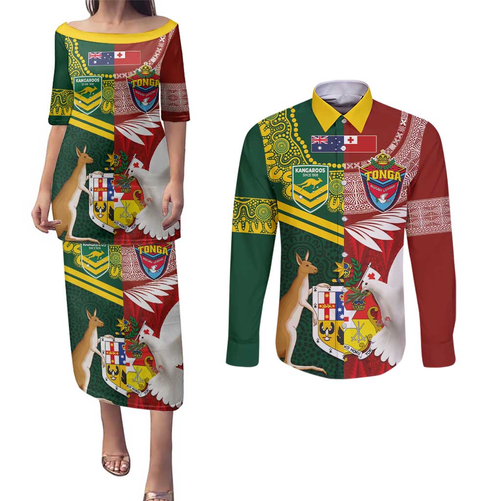 Custom Mate Ma'a Tonga and Australia Kangaroo Couples Matching Puletasi and Long Sleeve Button Shirt Nation Seal with Mascot Aboriginal and Tongan Kupesi Ngatu Art LT03 Red - Polynesian Pride