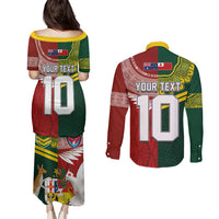 Custom Mate Ma'a Tonga and Australia Kangaroo Couples Matching Puletasi and Long Sleeve Button Shirt Nation Seal with Mascot Aboriginal and Tongan Kupesi Ngatu Art LT03 - Polynesian Pride