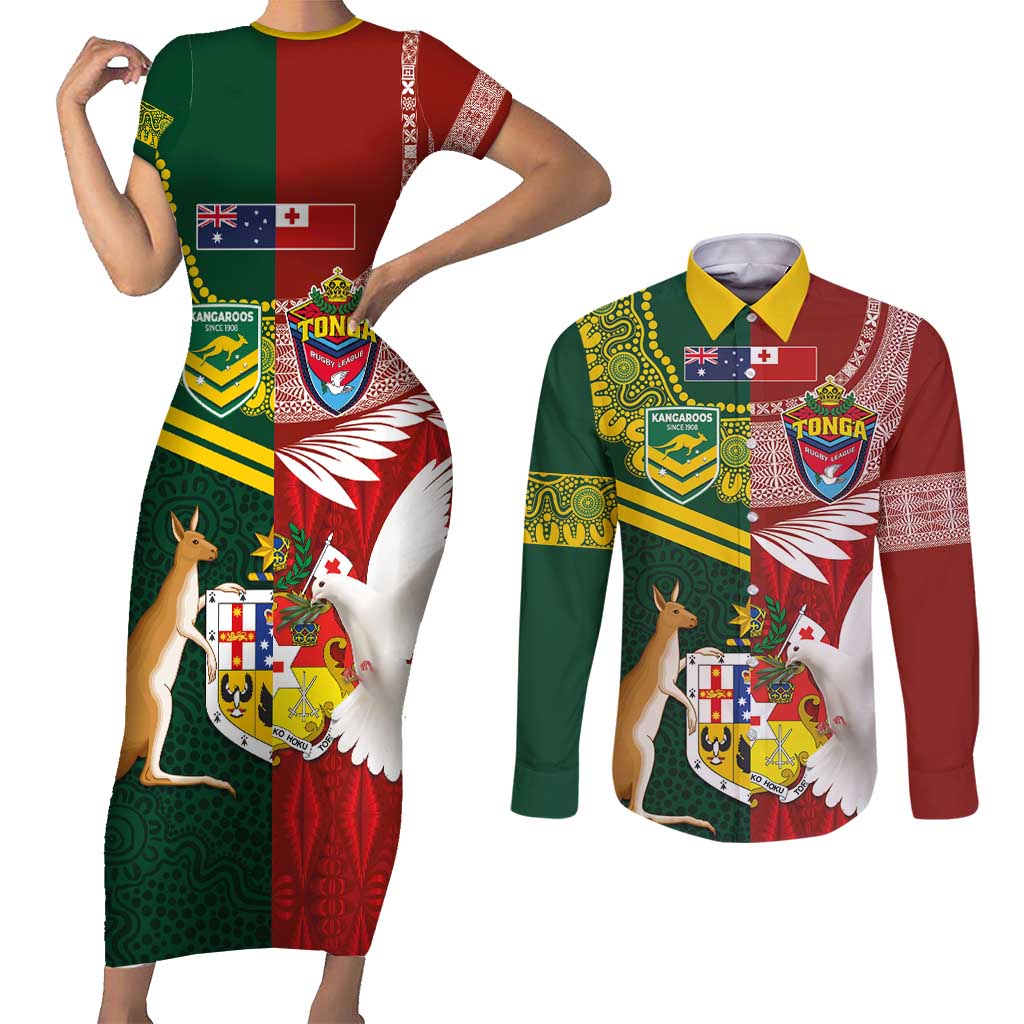 Custom Mate Ma'a Tonga and Australia Kangaroo Couples Matching Short Sleeve Bodycon Dress and Long Sleeve Button Shirt Nation Seal with Mascot Aboriginal and Tongan Kupesi Ngatu Art LT03 Red - Polynesian Pride