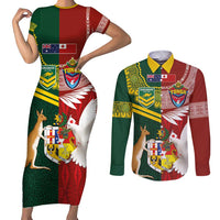 Custom Mate Ma'a Tonga and Australia Kangaroo Couples Matching Short Sleeve Bodycon Dress and Long Sleeve Button Shirt Nation Seal with Mascot Aboriginal and Tongan Kupesi Ngatu Art LT03 Red - Polynesian Pride