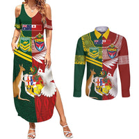 Custom Mate Ma'a Tonga and Australia Kangaroo Couples Matching Summer Maxi Dress and Long Sleeve Button Shirt Nation Seal with Mascot Aboriginal and Tongan Kupesi Ngatu Art LT03 Red - Polynesian Pride